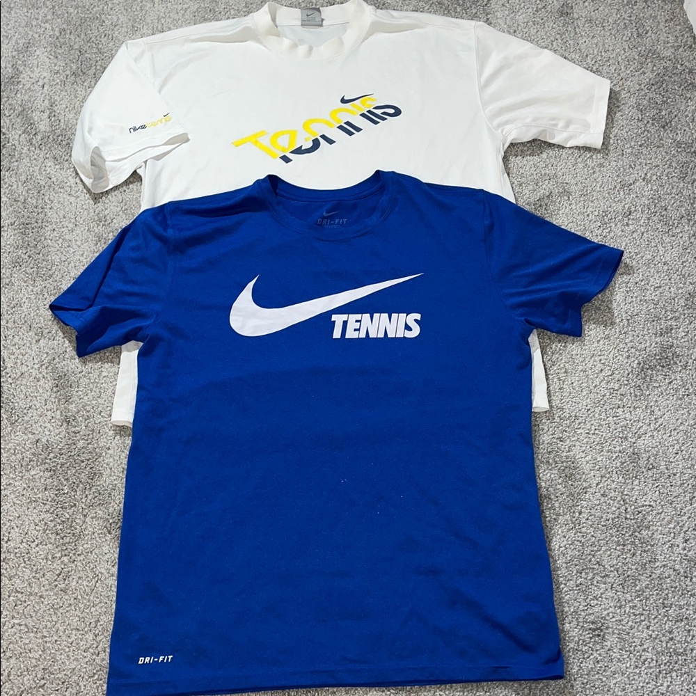 2-Nike Dri-Fit Tennis T Shirt Duke Royal blue & White big Swoosh print men’s L